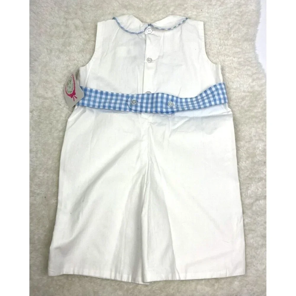 Posh Pickle Boys 3T Shortall White with Sailboat Blue Gingham Trim‎ NWT Lined